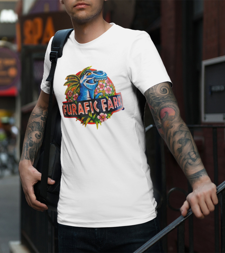 Furafic Fark Dinosaur With Tropical Flowers And Palm Leaves T-Shirt
