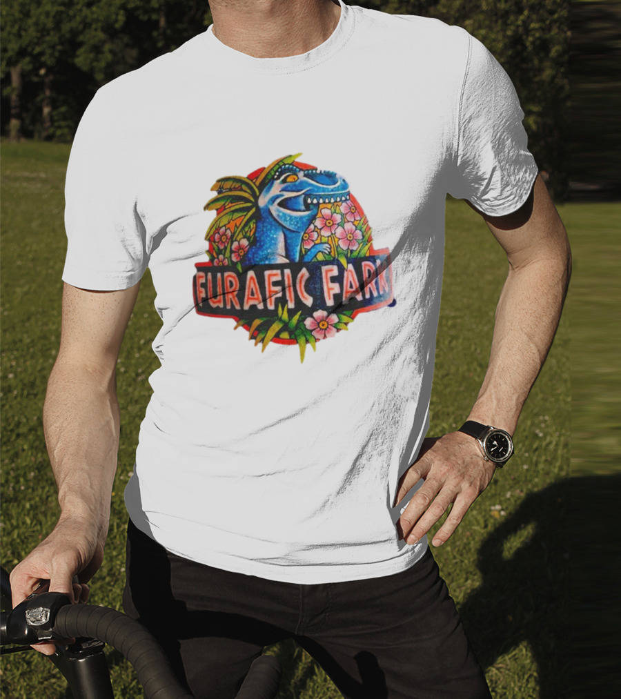 Furafic Fark Dinosaur With Tropical Flowers And Palm Leaves T-Shirt
