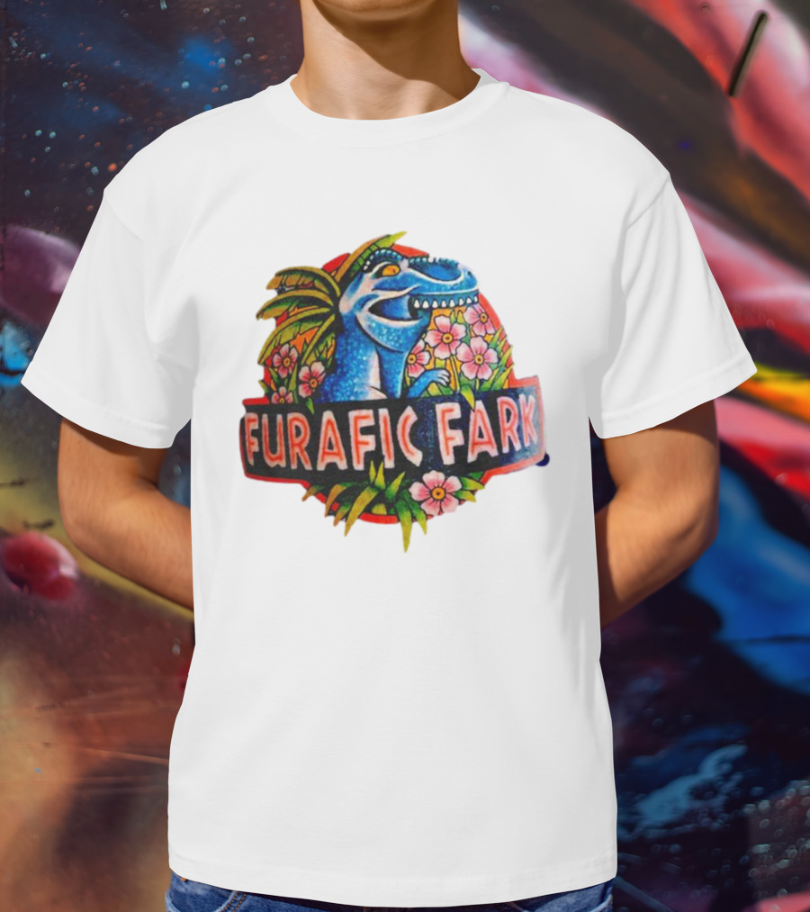 Furafic Fark Dinosaur With Tropical Flowers And Palm Leaves T-Shirt