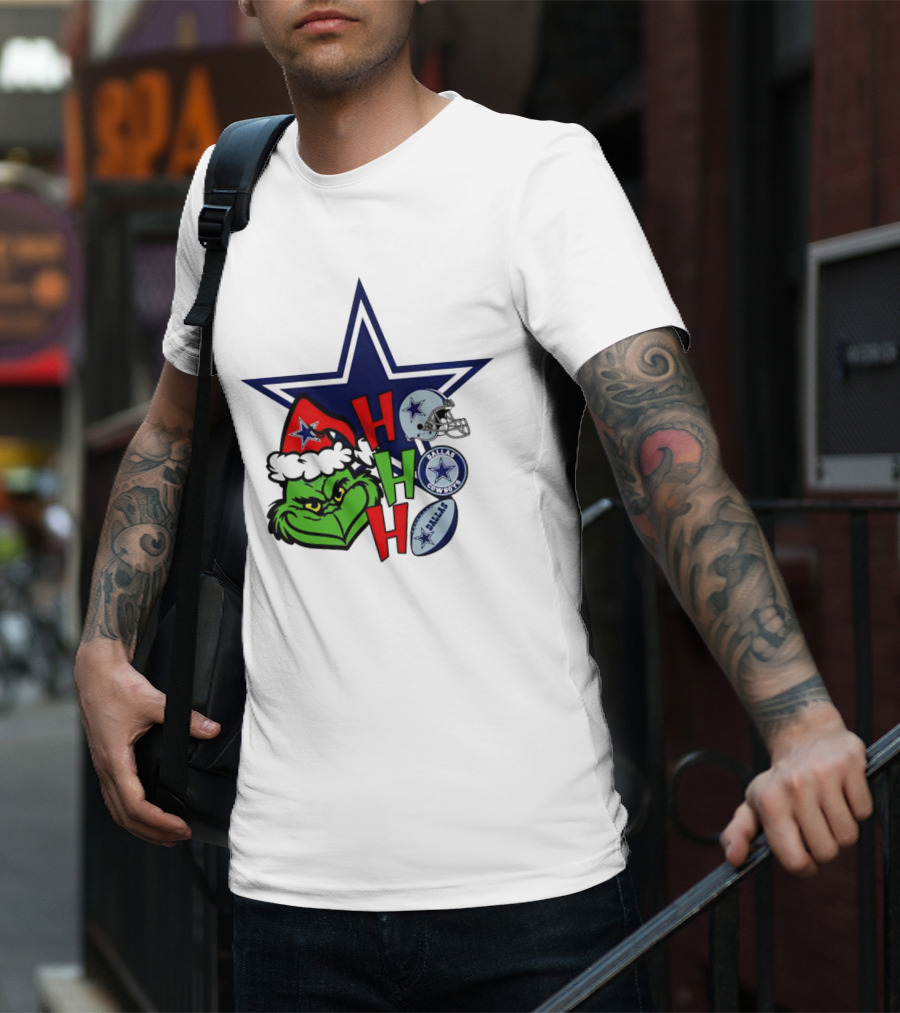 Santa Grinch Ho Ho Ho Dallas Cowboys Christmas Star Helmet T-Shirt