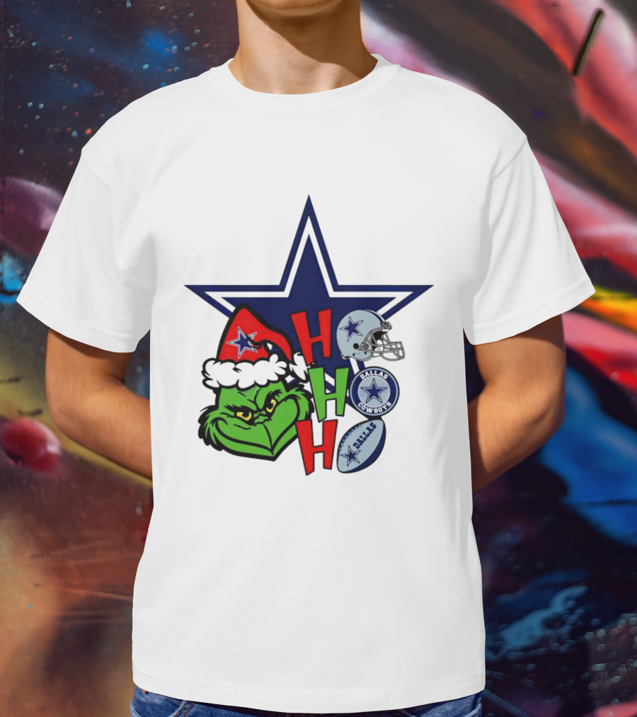 Santa Grinch Ho Ho Ho Dallas Cowboys Christmas Star Helmet T-Shirt