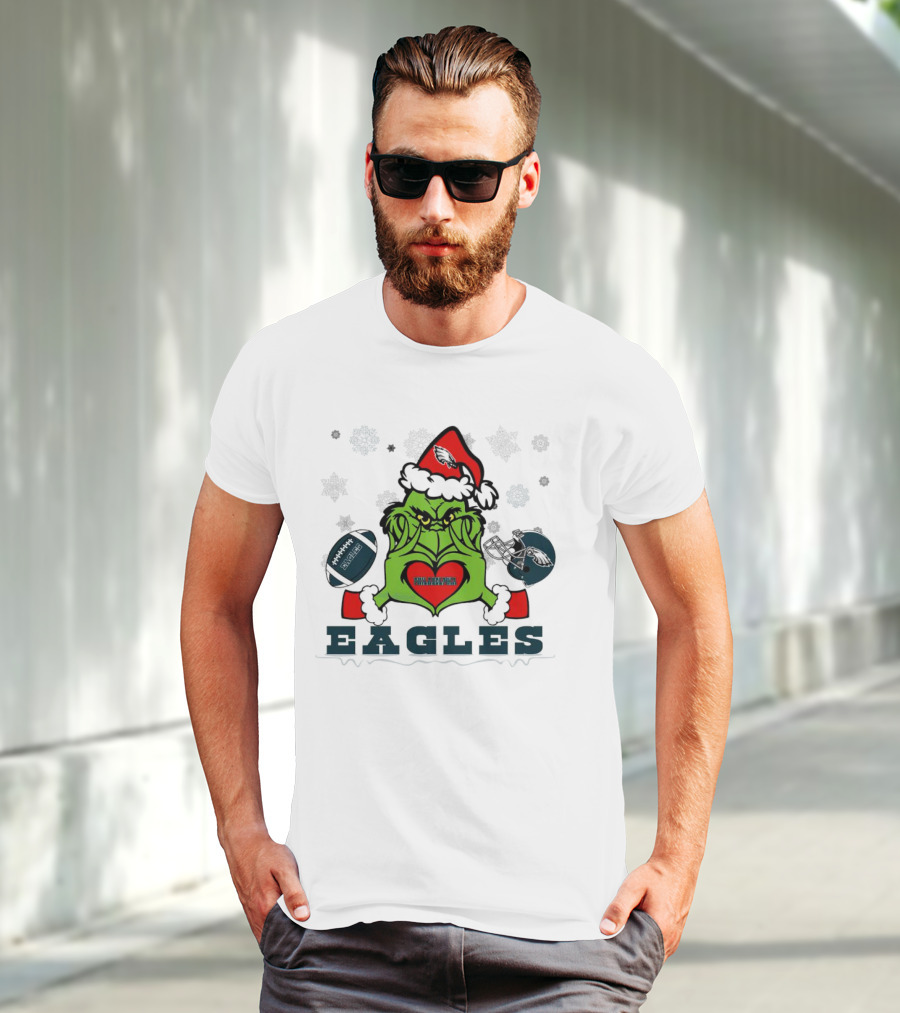 Grinch Santa Heart Philadelphia Eagles Christmas Football Helmet T-Shirt
