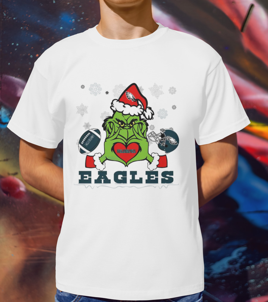 Grinch Santa Heart Philadelphia Eagles Christmas Football Helmet T-Shirt