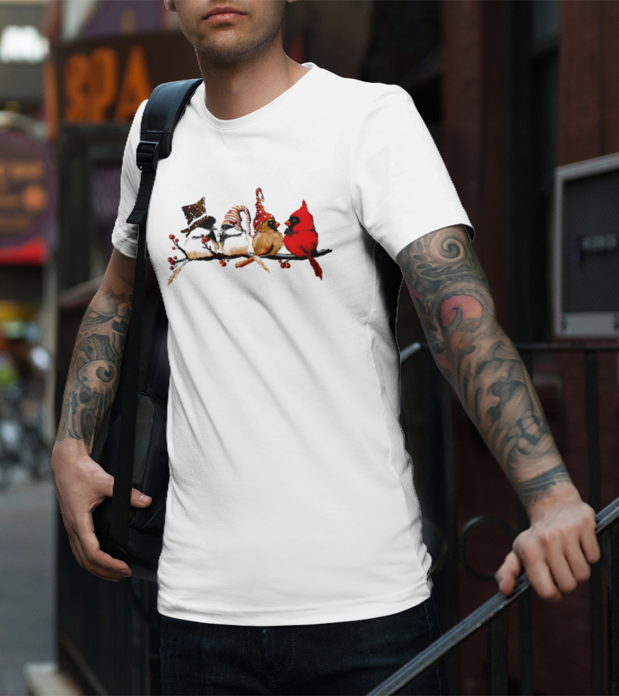 Cardinals And Chickadees On Festive Branch Merry Christmas T-Shirt