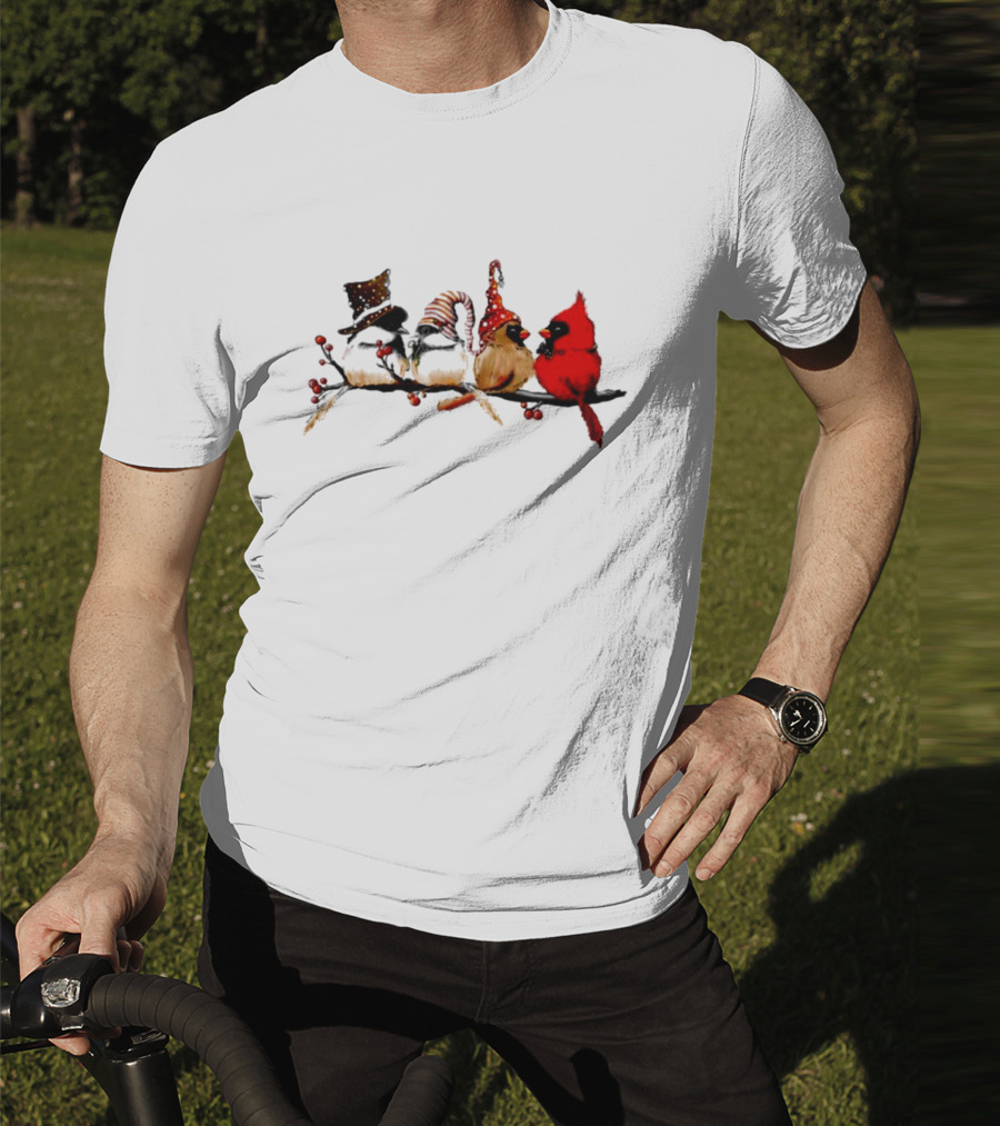 Cardinals And Chickadees On Festive Branch Merry Christmas T-Shirt