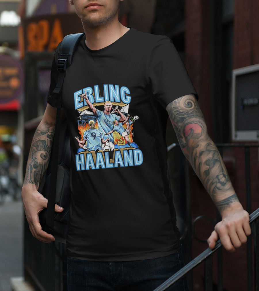 Erling Haaland MCFC Soccer Collage With Fiery Stadium Background T-Shirt