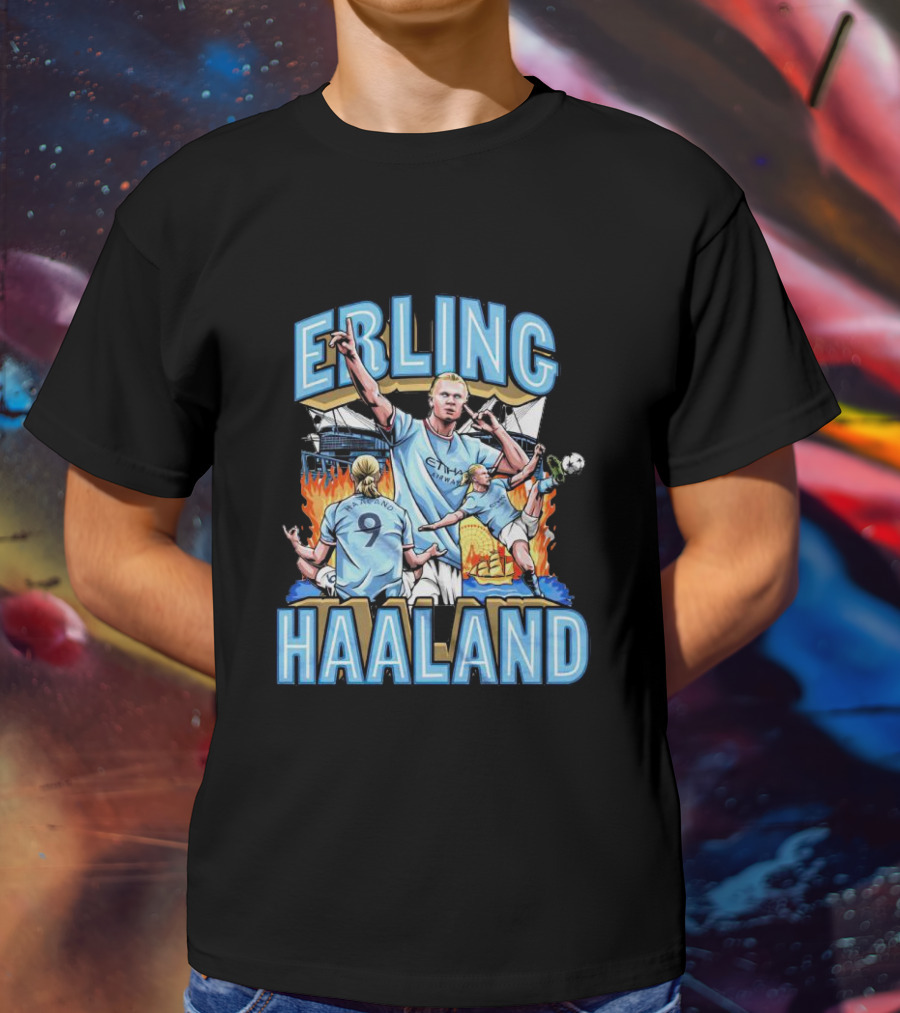Erling Haaland MCFC Soccer Collage With Fiery Stadium Background T-Shirt