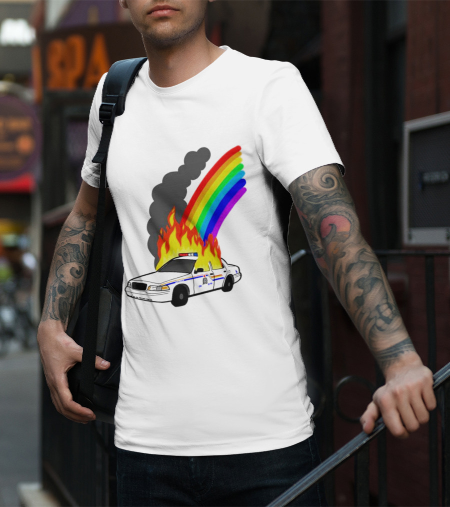 Police Car On Fire With Rainbow Flames T-Shirt