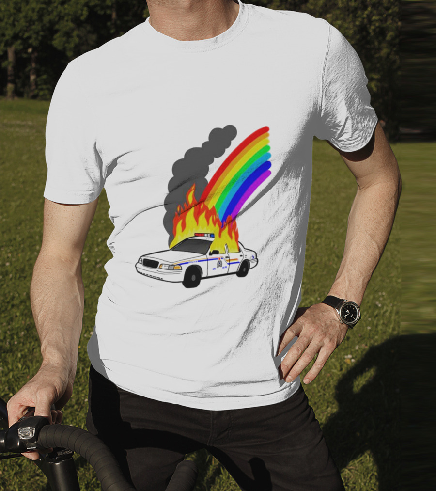 Police Car On Fire With Rainbow Flames T-Shirt