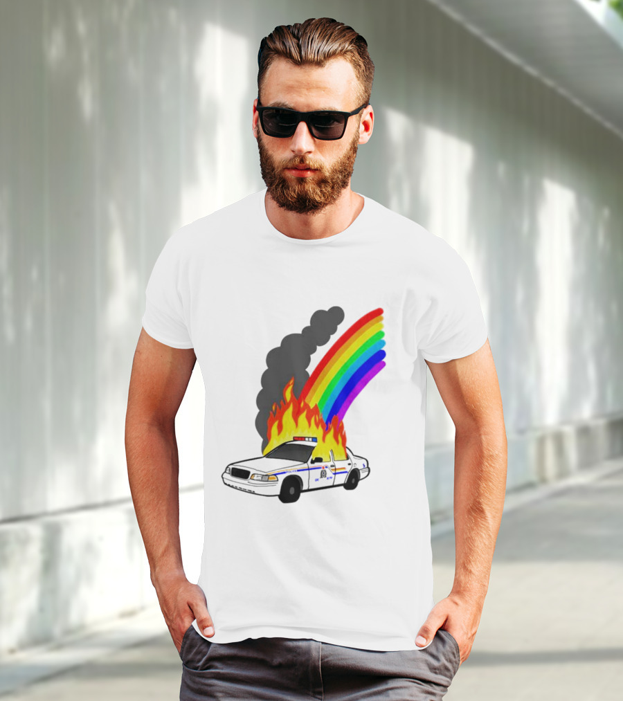 Police Car On Fire With Rainbow Flames T-Shirt