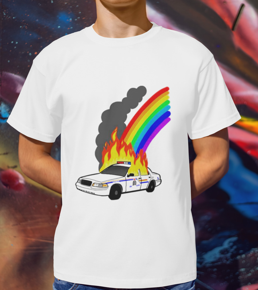 Police Car On Fire With Rainbow Flames T-Shirt