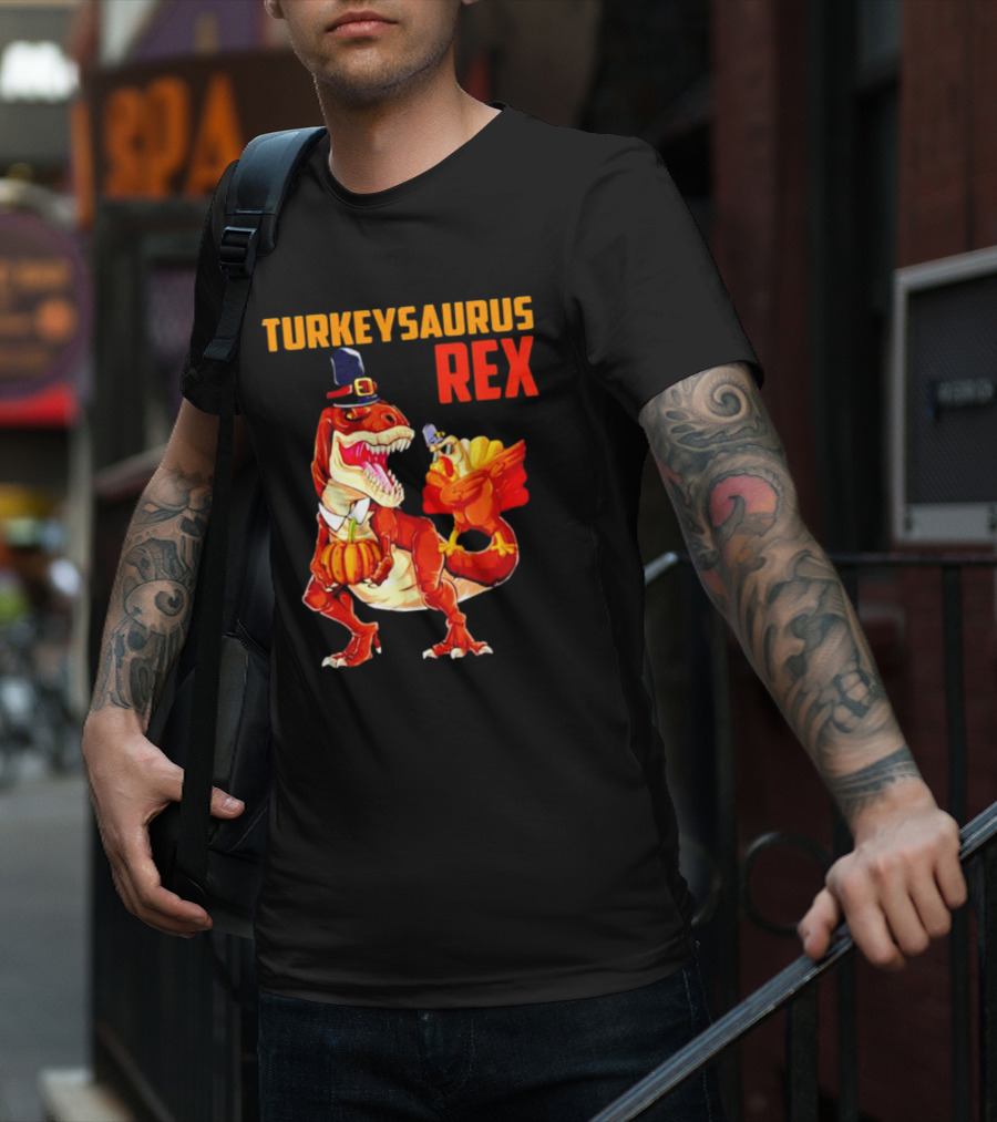 Turkeysaurus Rex Thanksgiving Dinosaur Holding Pumpkin And Turkey With Pilgrim Hat T-Shirt