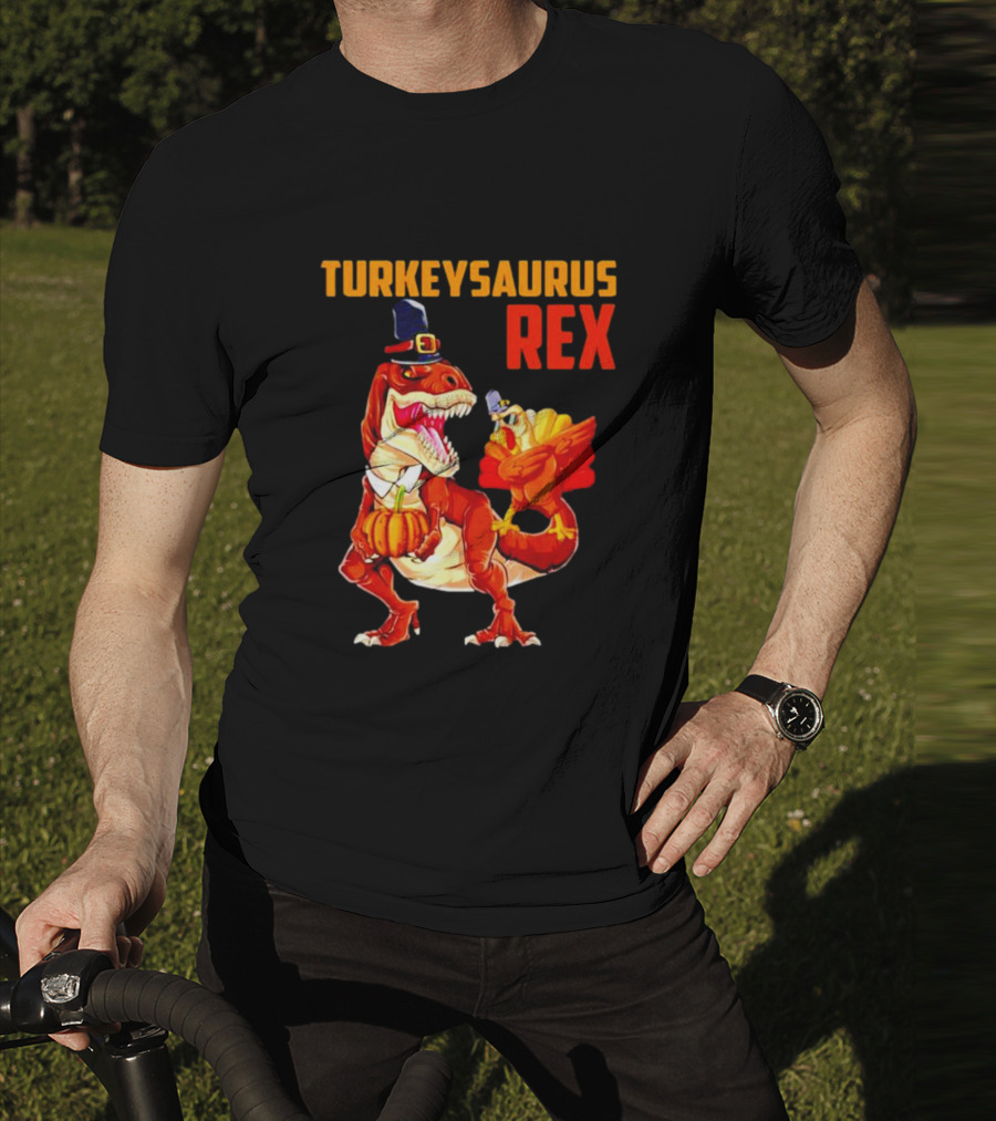 Turkeysaurus Rex Thanksgiving Dinosaur Holding Pumpkin And Turkey With Pilgrim Hat T-Shirt