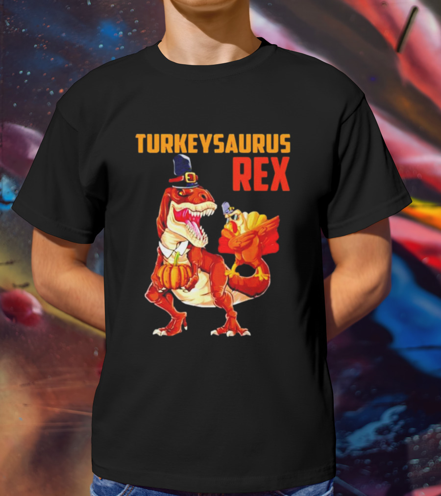 Turkeysaurus Rex Thanksgiving Dinosaur Holding Pumpkin And Turkey With Pilgrim Hat T-Shirt