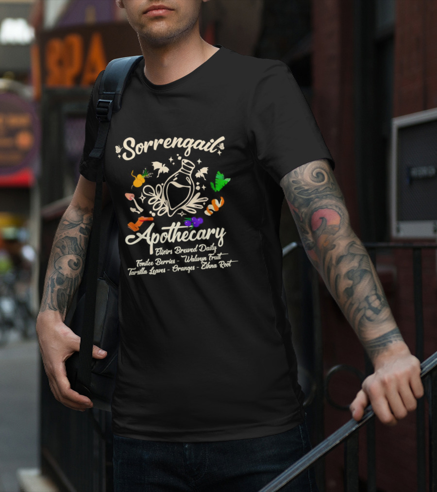 Sorrengail Apothecary Elixirs Brewed Daily Fonilee Berries Waluyn Fruit Tarsilla Leaves Oranges Zihna Root T-Shirt