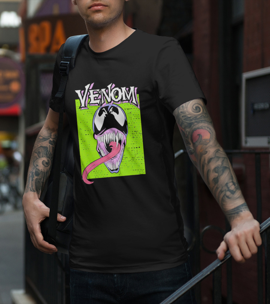 Venom Marvel Neon Pink Tongue Green Background T-Shirt