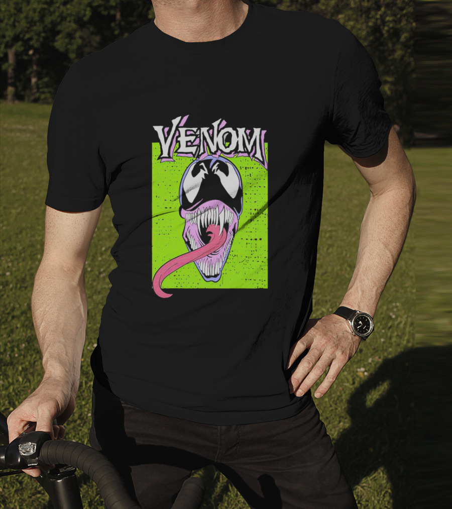 Venom Marvel Neon Pink Tongue Green Background T-Shirt
