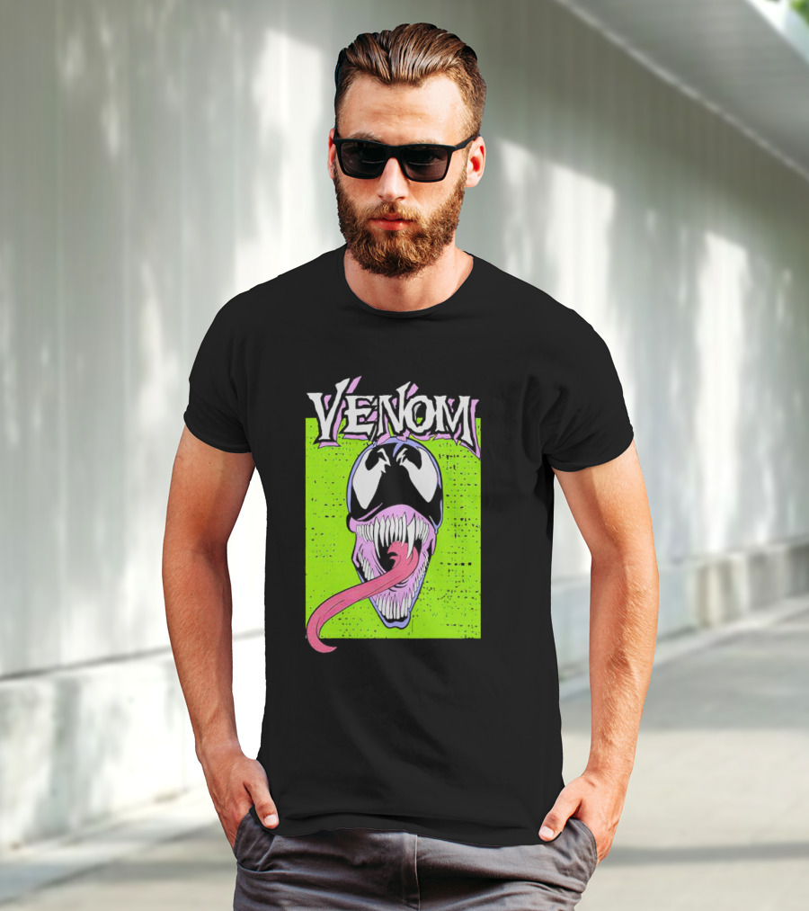 Venom Marvel Neon Pink Tongue Green Background T-Shirt