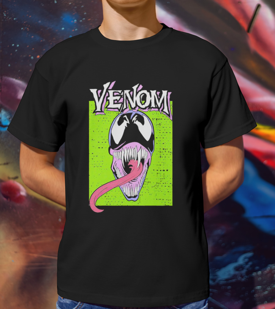 Venom Marvel Neon Pink Tongue Green Background T-Shirt