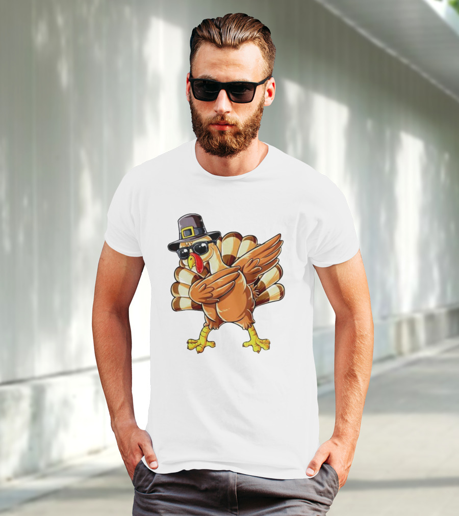 Thanksgiving Turkey Dabbing With Pilgrim Hat And Sunglasses T-Shirt
