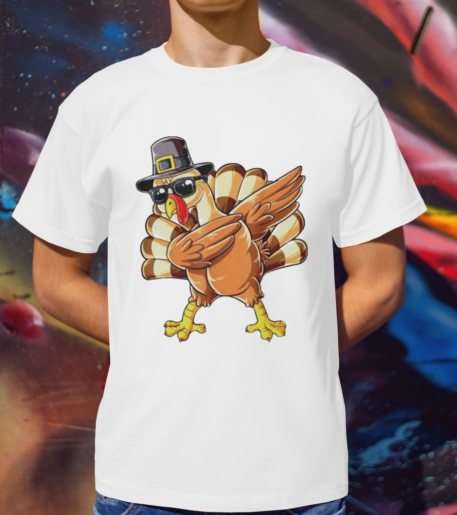 Thanksgiving Turkey Dabbing With Pilgrim Hat And Sunglasses T-Shirt