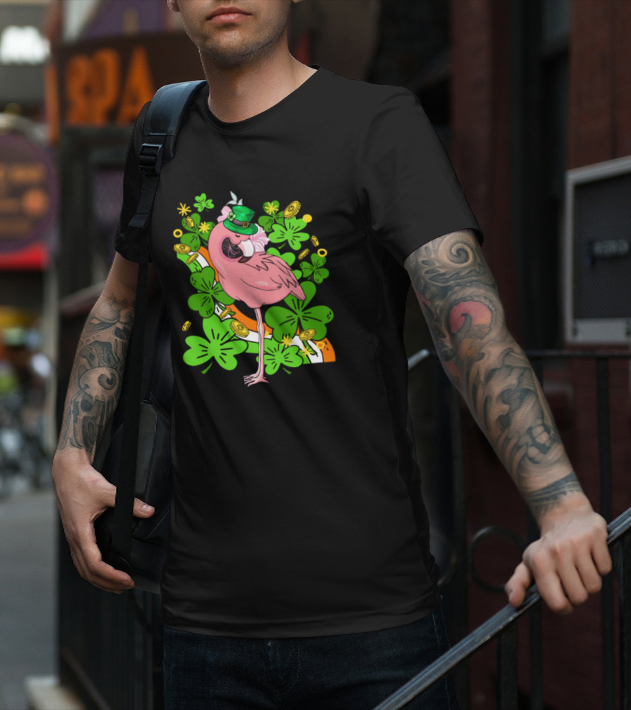 Flamingo St Patricks Day Pink Bird Shamrocks And Leprechaun Hat With Gold Coins T-Shirt