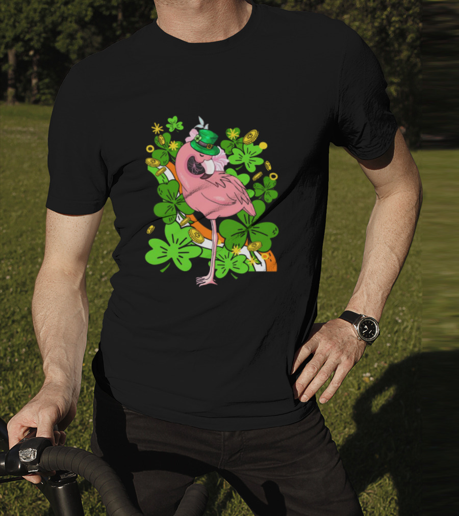 Flamingo St Patricks Day Pink Bird Shamrocks And Leprechaun Hat With Gold Coins T-Shirt