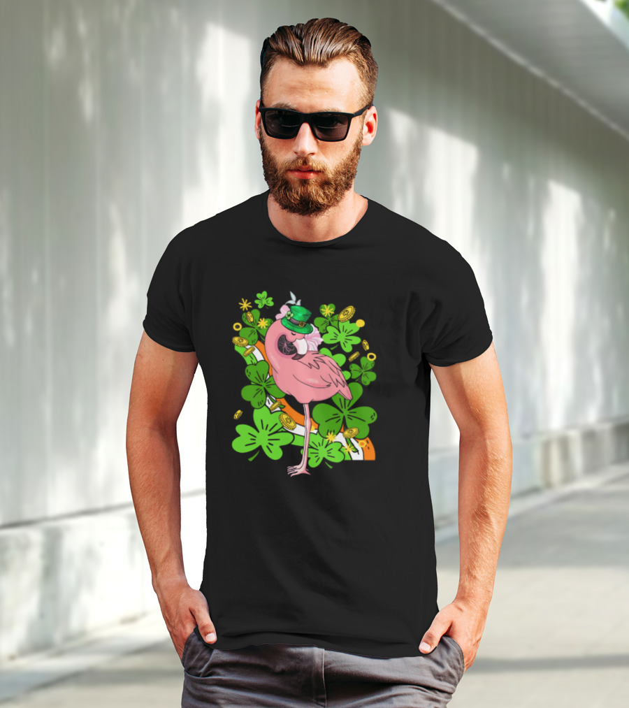 Flamingo St Patricks Day Pink Bird Shamrocks And Leprechaun Hat With Gold Coins T-Shirt