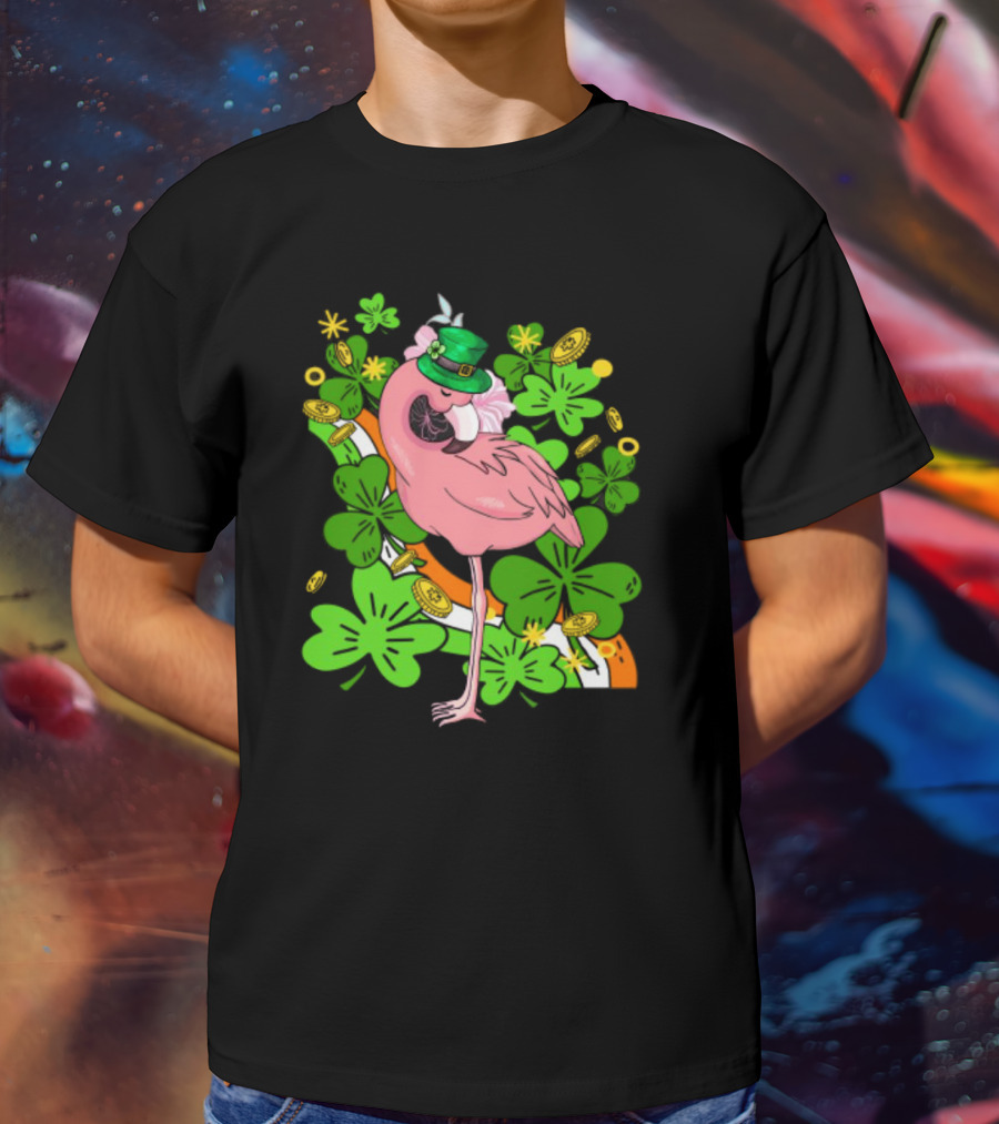 Flamingo St Patricks Day Pink Bird Shamrocks And Leprechaun Hat With Gold Coins T-Shirt