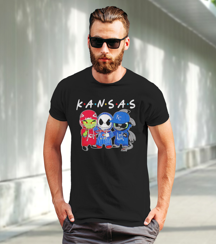 KANSAS Sports Characters Grinch Jack Skellington Toothless Chiefs Royals Jayhawks T-Shirt