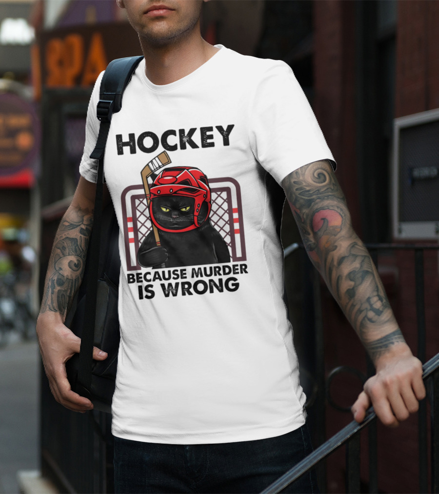 Hockey Cat In Red Helmet Because Murder Is Wrong T-Shirt