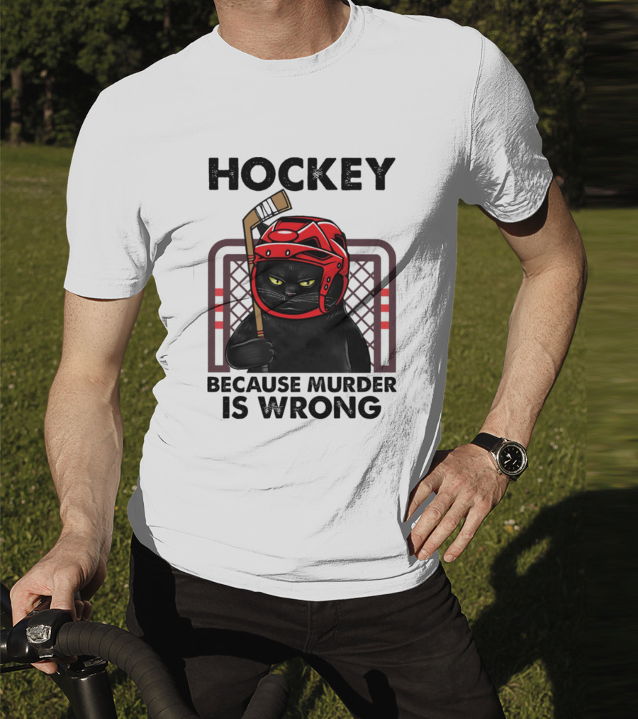 Hockey Cat In Red Helmet Because Murder Is Wrong T-Shirt