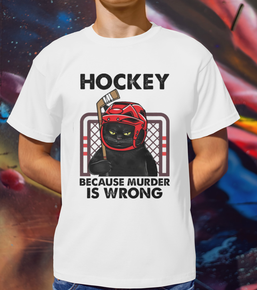 Hockey Cat In Red Helmet Because Murder Is Wrong T-Shirt
