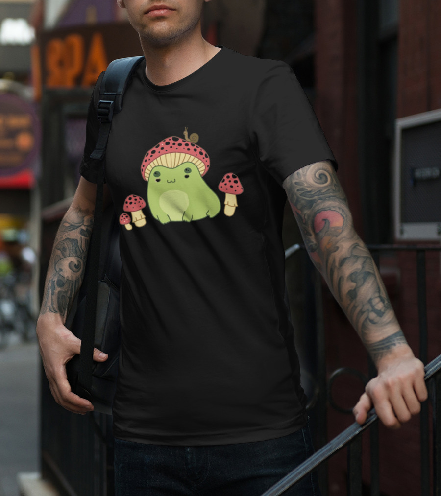 Kawaii Frog Wearing Mushroom Hat With Snail And Red Mushrooms T-Shirt