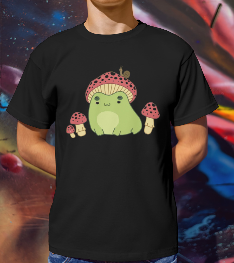 Kawaii Frog Wearing Mushroom Hat With Snail And Red Mushrooms T-Shirt