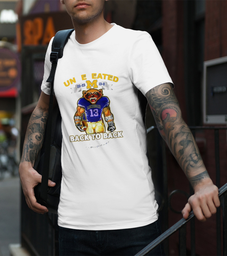 Michigan Wolverines 22-23 13-0 Undefeated Back To Back Bear Mascot T-Shirt