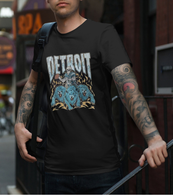Detroit Skull Quarterback With Football And Blue Lions T-Shirt