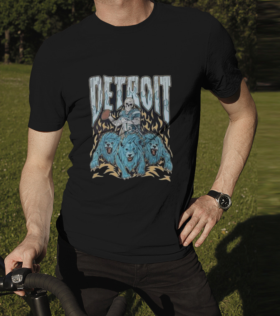 Detroit Skull Quarterback With Football And Blue Lions T-Shirt