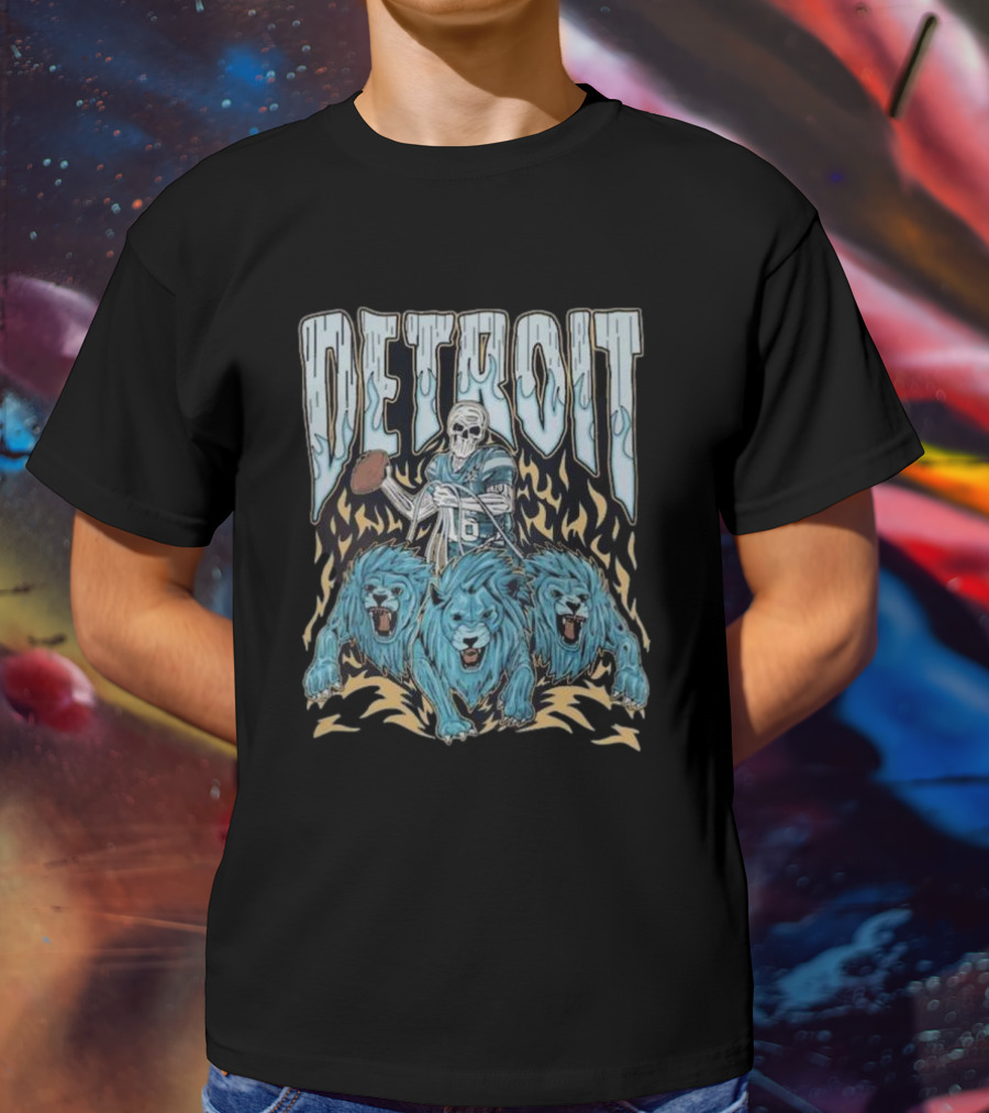 Detroit Skull Quarterback With Football And Blue Lions T-Shirt