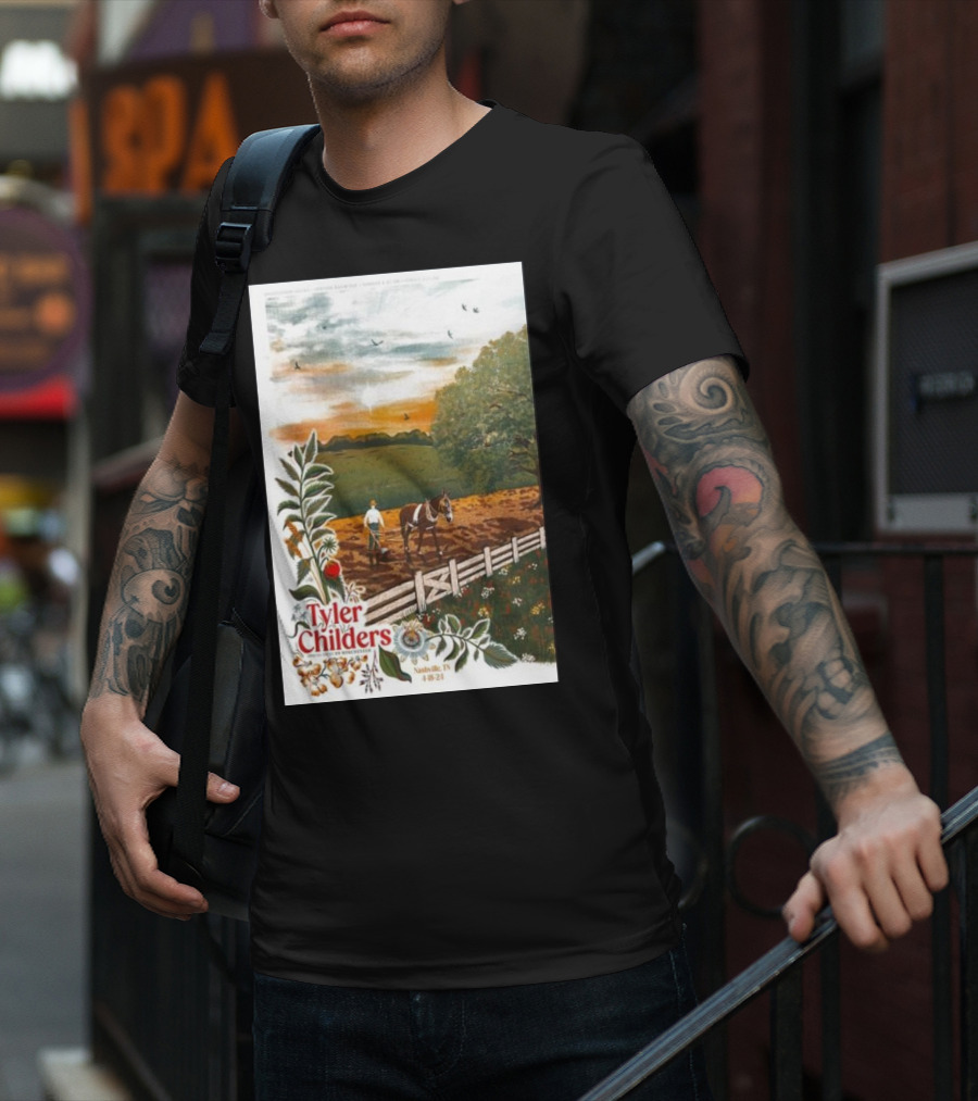Tyler Childers Nashville TN 4 18 23 Horse Farm Scene With Flowers T-Shirt