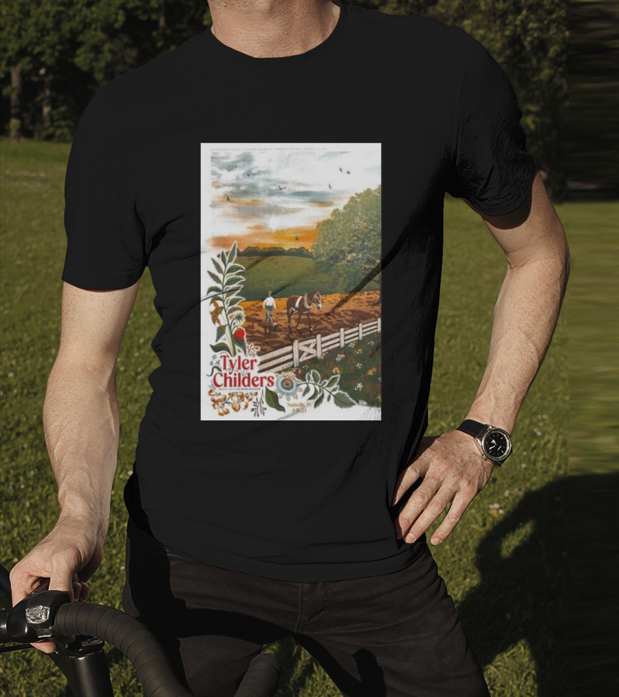 Tyler Childers Nashville TN 4 18 23 Horse Farm Scene With Flowers T-Shirt