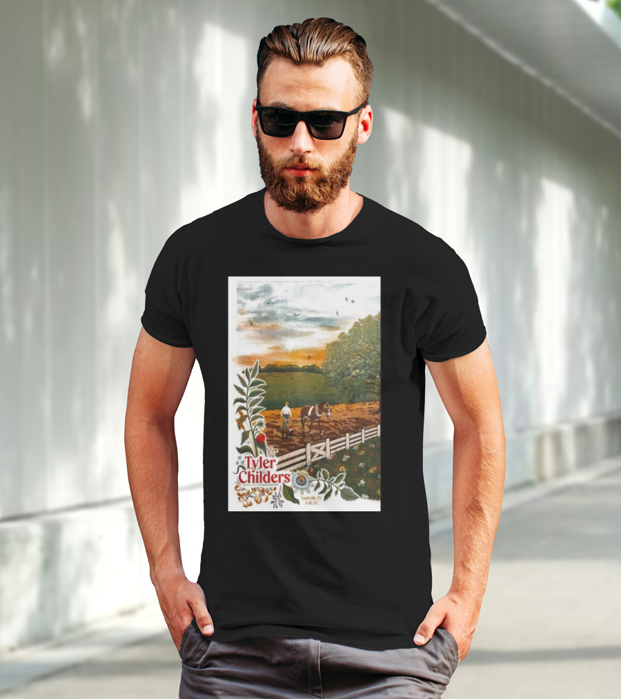 Tyler Childers Nashville TN 4 18 23 Horse Farm Scene With Flowers T-Shirt