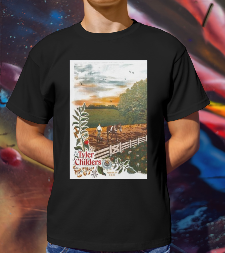 Tyler Childers Nashville TN 4 18 23 Horse Farm Scene With Flowers T-Shirt
