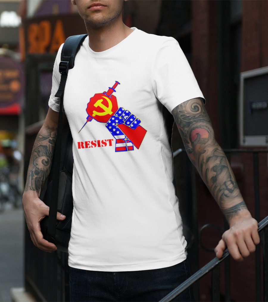 RESIST Communist Hammer And Sickle American Flag Fist Syringe T-Shirt
