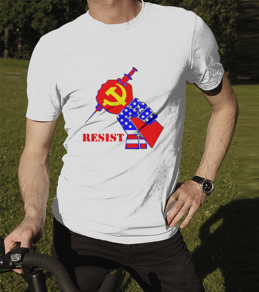 RESIST Communist Hammer And Sickle American Flag Fist Syringe T-Shirt