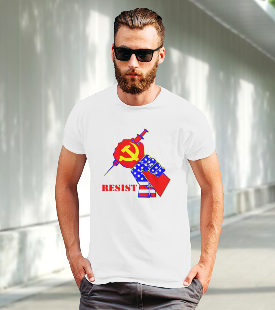RESIST Communist Hammer And Sickle American Flag Fist Syringe T-Shirt