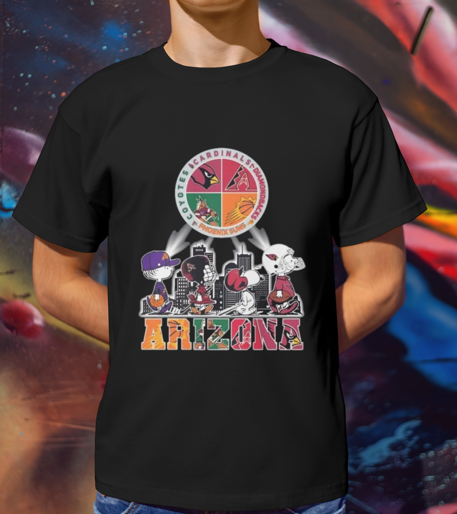 Snoopy Arizona Coyotes Cardinals Diamondbacks Phoenix Suns Peanuts Characters City Skyline T-Shirt