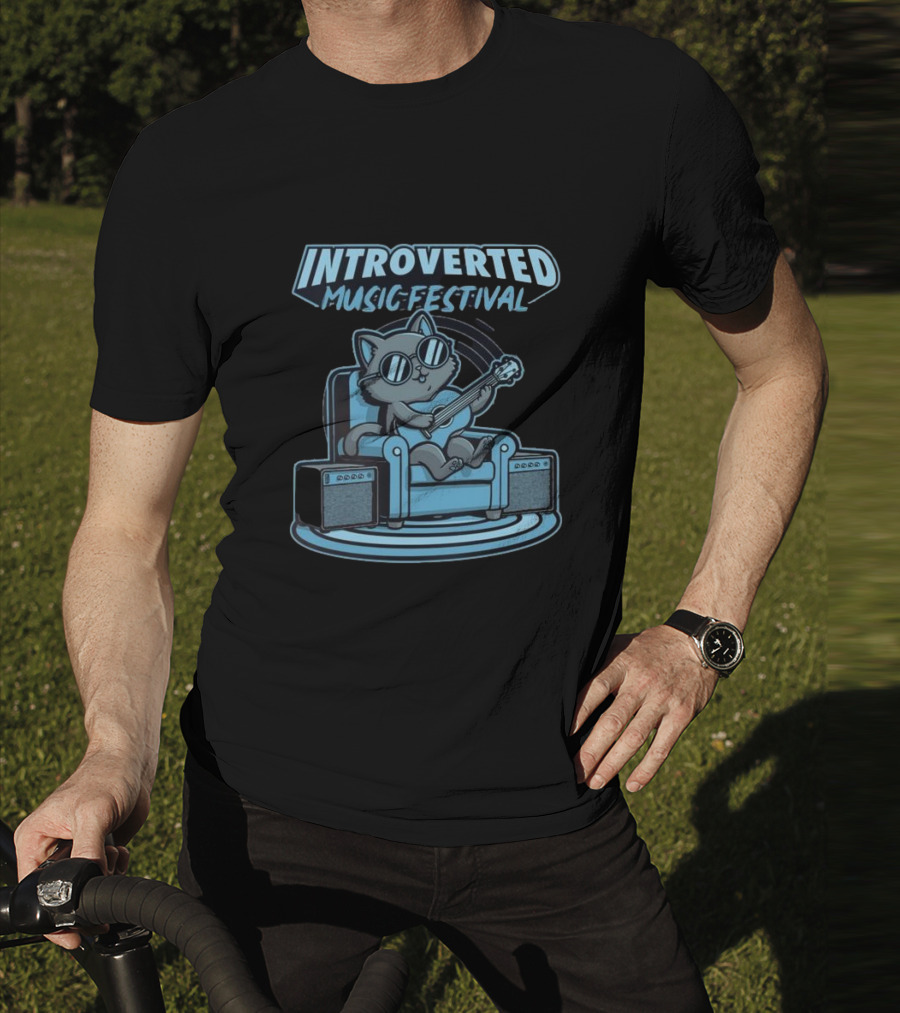 Introverted Music Festival Cat Playing Guitar On Couch With Amplifier T-Shirt