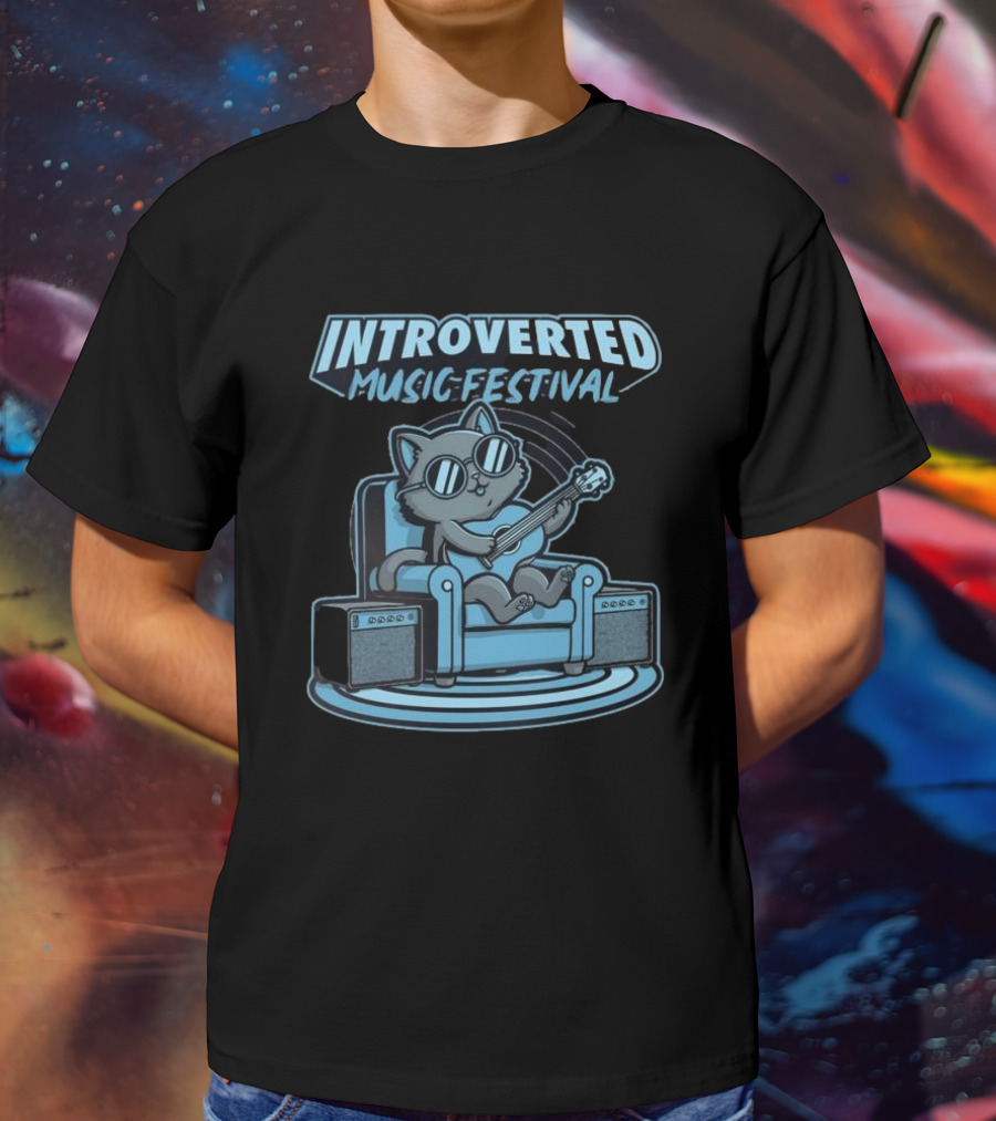 Introverted Music Festival Cat Playing Guitar On Couch With Amplifier T-Shirt