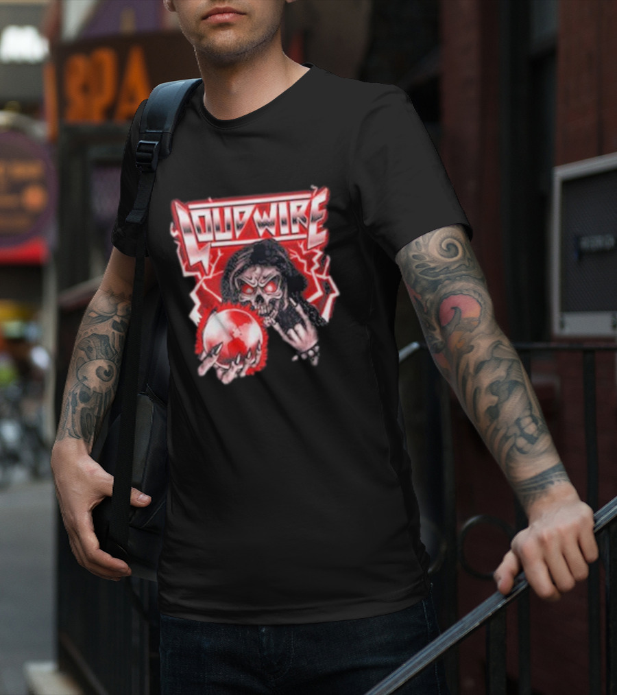Loudwire 80s Metal Skull And Lightning Sphere Rock Hand T-Shirt